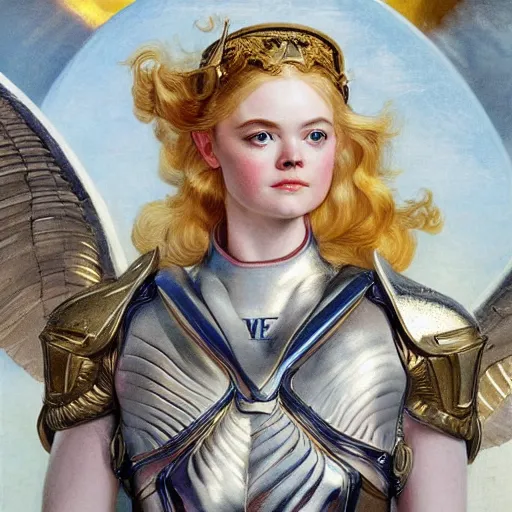 Image similar to Elle Fanning as a Valkyrie in space, artstation, by J. C. Leyendecker and Peter Paul Rubens, Extremely detailed. 8K. Award winning.