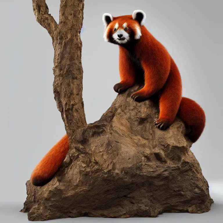 Prompt: hyperrealistic sculpture of the fossilized remains of a giant red panda with some flesh attached on a pedestal by ron mueck and duane hanson and damien hirst, hyperrealistic dramatic colored lighting trending on artstation 8 k