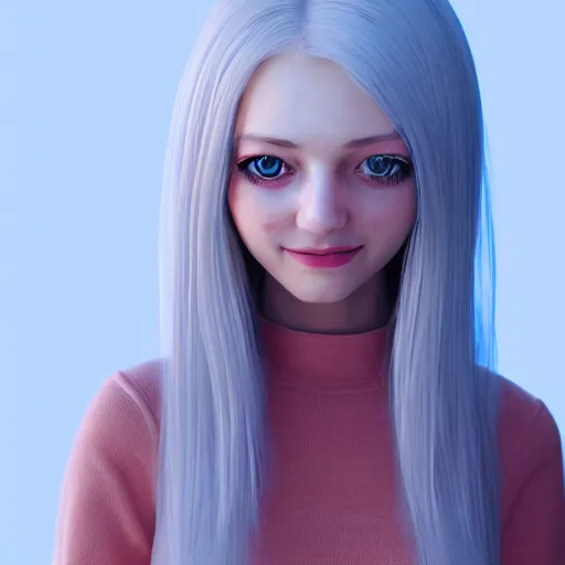 Image similar to Render of Lily, a cute 3d young woman, long white hair, full round face, light blue eyes, bisque skin tone, cute freckles, light red blush, smiling softly,wearing casual clothing, interior lighting, cozy living room background, medium shot, mid-shot, hyperdetailed, trending on Artstation, Unreal Engine 4k