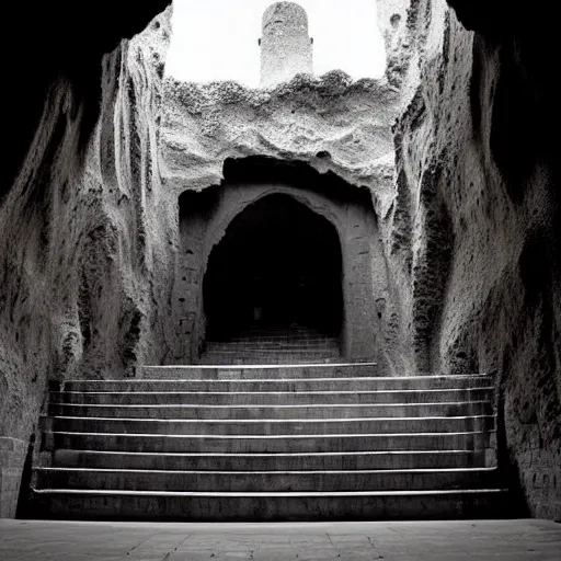 Prompt: The entrance stairway to an imposing and magnificent cavern palance, skinny girl walking up the stairs, Beautiful architecture, Stairway, Massive decorated doors, Statues, Atmosphere, Dramatic lighting, Epic composition, Wide angle, Nausicaa Ghibli