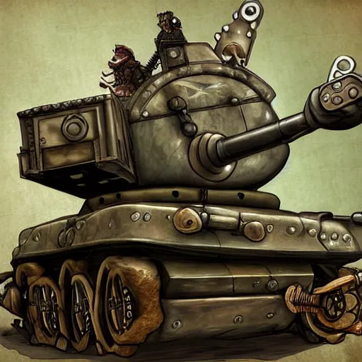 Image similar to a tank with mechanical legs, a gnome peeking out, steam punk, detailed digital art