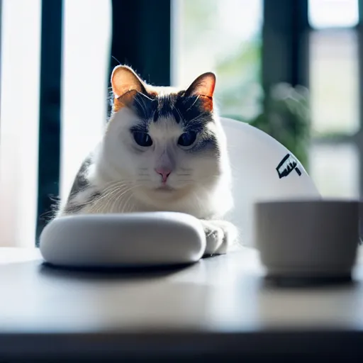 Image similar to a cat wearing a stormtrooper helmet while on the kitchen table, 40nm lens, shallow depth of field, split lighting, 4k,