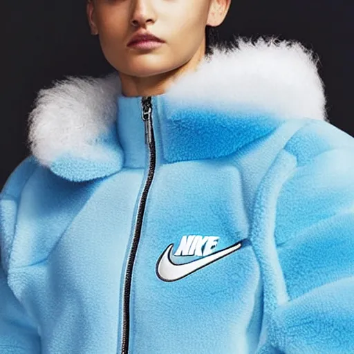 Image similar to nike jacket made of very fluffy blue faux fur : : with a reflective iridescent nike logo, professional advertising, overhead lighting, heavy detail, realistic