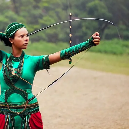 Prompt: photo of a female archer with malachite armour