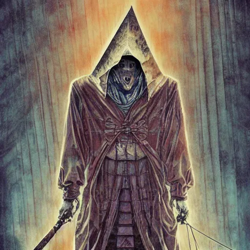 Image similar to portrait of crazy pyramid head silent hill, symmetrical, by yoichi hatakenaka, masamune shirow, josan gonzales and dan mumford, ayami kojima, takato yamamoto, barclay shaw, karol bak, yukito kishiro