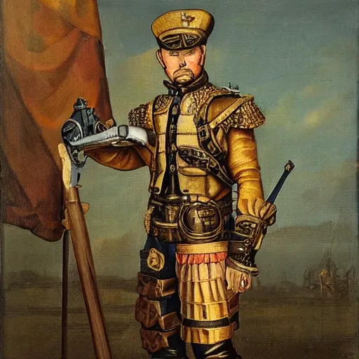 Image similar to steampunk soldier, renaissance aristocratic painting