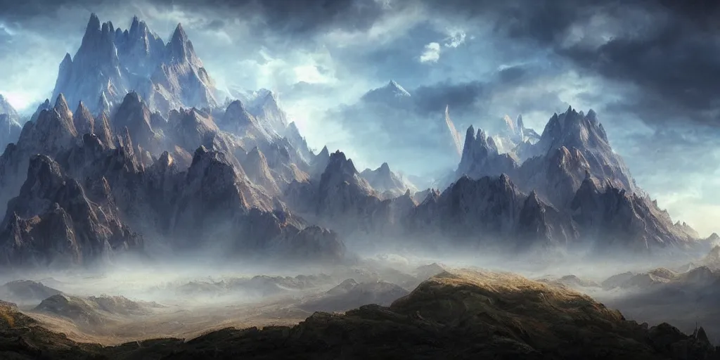 Image similar to beautiful matte painting of a fantasy mountains