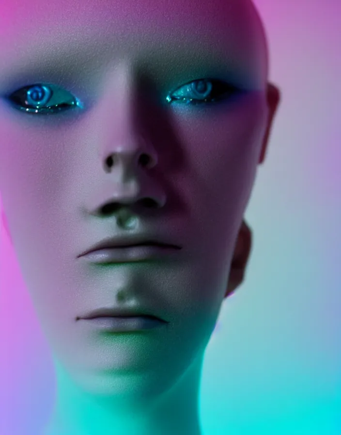 Image similar to high quality pastel coloured film close up photograph of an androgynous cyber model in an icelandic black rock!! environment in a dreamstate style. three point light. photographic. art directed. pastel colours. volumetric light. pastel gradient overlay. waves glitch. 8 k. filmic.