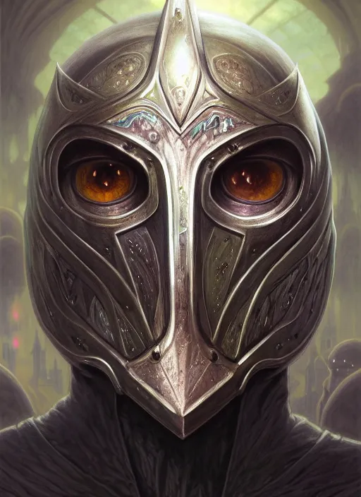 Image similar to anthropomorphic knight head in iridescent darkyiron mr bean giant pupils, intricate, elegant, highly detailed face, wide angle, digital painting, artstation, concept art, sharp focus, illustration, art by artgerm, bob eggleton, stephen hickman, richard corben, wayne barlowe, greg rutkowski, alphonse mucha, 8 k