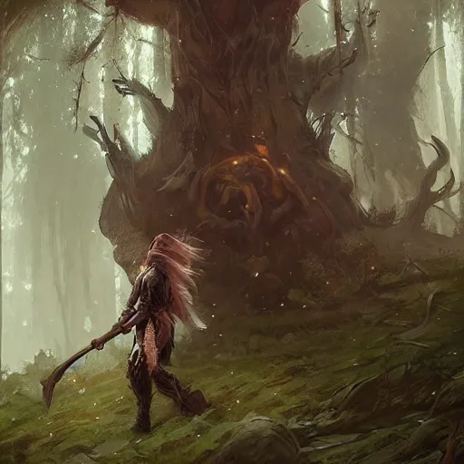 Prompt: Tree druid, axe in hand, in the forest, dungeons and dragons, by Greg Rutkowski, digital art, trending on artstation