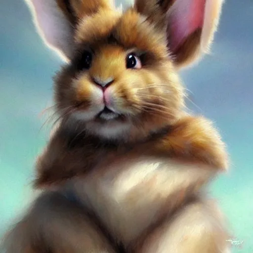 Image similar to cute furry bunny, green eyes, light brown fur, wlop, artgerm, royo