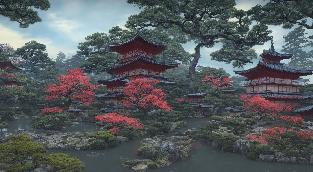 Prompt: Japanese garden at dusk based on the style of the game Sekiro, colorful, very detailed, realistic, photo