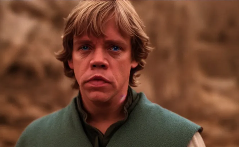 Image similar to screenshot portrait of Luke Skywalker, played by mark Hammill, in a teal, round Temple scene from 1980s film by Stanley Kubrick, 4k serene, iconic shot, surreal sci fi set design, photoreal detailed face, moody lighting stunning cinematography, hyper detailed, sharp, anamorphic lenses, kodak color film