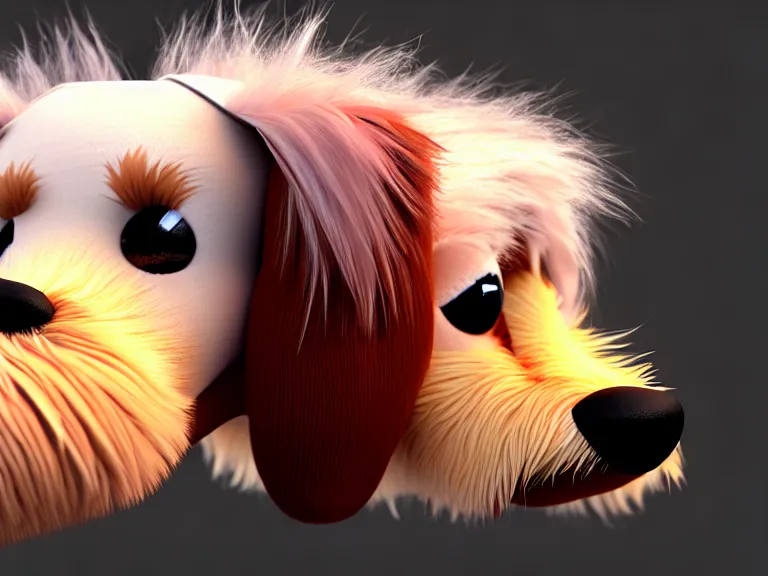 Image similar to high quality 3 d render hyperrealist very cute fluffy dachshund dog, plush mascot, long spiky fluffy smooth hair, photo from the side, multi pastel colors, vray, smooth background, artstation, ultra detailed