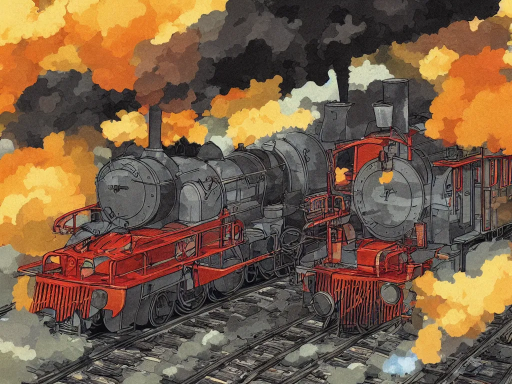 Image similar to cross - section close - up view of a steam anime train, autumn light, colorful, smoke, beautiful, by studio ghibli, digital art, concept art, sharp focus, illustration