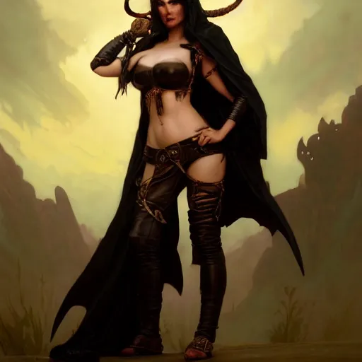 Image similar to portrait of sunny leone as a surly and resentful female tiefling thief with small horns clothed in leather armor and a cloak, angry expression, by Greg Rutkowski and John Collier and Krenz Cushart and Artem Demura and Alphonse Mucha and Albert Aublet, as seen on ArtStation, 4k, dungeons and dragons, very aesthetic, very detailed, intricate, unreal, fantasy, dramatic, painterly, artstation, sharp focus, smooth