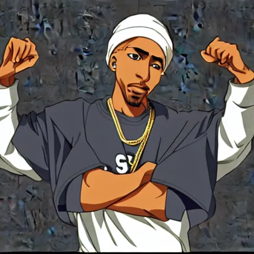 Image similar to Tupac Shakur, screenshot from a 2012s anime