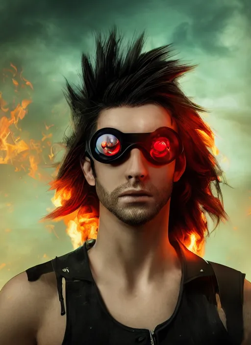 Image similar to An epic fantasy comic book style portrait painting of young man with red spiked long hair, using googles. Wearing a black waistcoat, white shirt. Fire on his hands. Unreal 5, DAZ, hyperrealistic, octane render, cosplay, RPG portrait, dynamic lighting