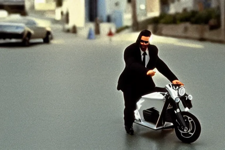 Image similar to beautiful hyperrealism three point perspective film still of Keanu Reeves as neo in bullet time aiming at agent smith in a nice oceanfront promenade motorcycle chase scene in Matrix meets ronin(1990) extreme closeup portrait in style of 1990s frontiers in translucent porcelain miniature street photography fashion edition,, tilt shift style scene background, soft lighting, Kodak Portra 400, cinematic style, telephoto by Emmanuel Lubezki