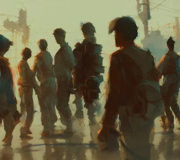 Image similar to five man going to the plane, close view, painting by craig mullins, octane rendering, soft morning lighting, wide angle lens, in the style of hayao miyazaki, trending on artstation,