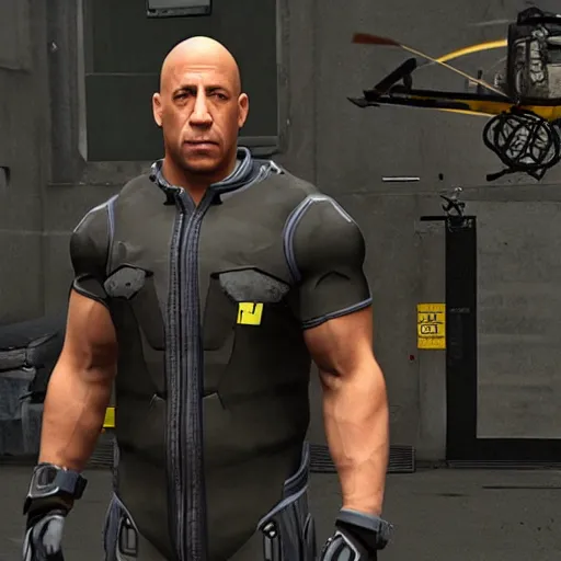 Image similar to Vin Diesel donning an HEV Mk. V suit starring in Half-Life 2