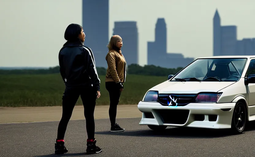 Image similar to photograph of a cell-shaded Honda EK9 Type-R next to a techwear woman standing looking off into the distance, on an Ohio road with a futuristic city in the horizon, one point perspective, 1-point perspective, tilt shift, sigma 85mm f/1.4, 4k, depth of field, high resolution, 4k, 8k, hd, full color, trending on artstation