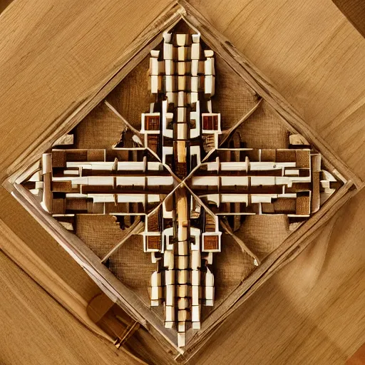 Prompt: View from above of a miniature wooden cathedral, by Olivier Föllmi, isometric view