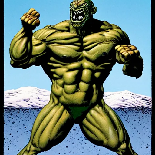 Image similar to muscular monster mutant against a solid white backdrop, [ art by richard corben ]