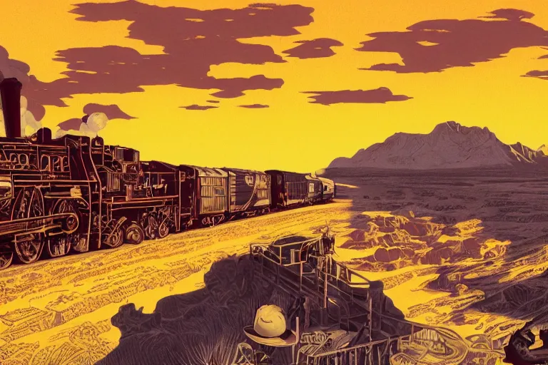 Image similar to old western freight train illustration by joe fenton and syd mead, artstation, 4 k, graphic novel, concept art, matte painting, steam engine spewing billowy white clouds of steam, beautiful idyllic mountain desert sunset background, golden hour