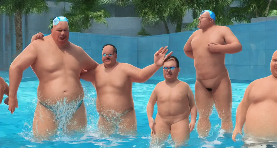 Prompt: digital art painting of exactly three adult brothers and their slightly overweight older father in a swimming pool , unreal 5, DAZ, hyperrealistic, octane render, volumetric clouds dynamic lighting