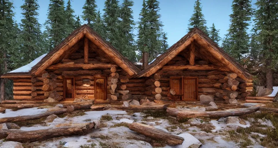 Prompt: an outside look of a log and stone cabin in a taiga with a view of two mountains with a valley in-between, 8k, cinematic, hyper-detailed, imax quality