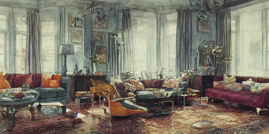 Image similar to a hiper intricate watercolor of a beatiful modern indoor living room, extremely detailed, sharp focus, wide view, smooth, digital illustration, colorfull, by william turner art, by greg rutowski, by carl larson, by edmund dulac