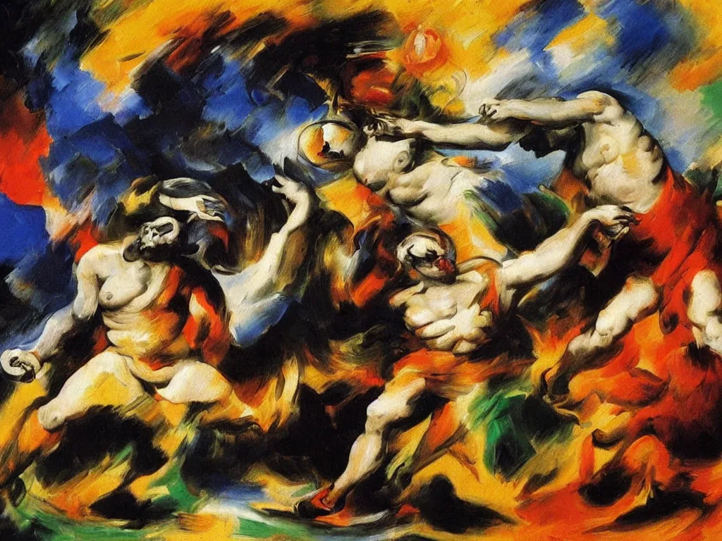 Prompt: Beautiful Futurist Painting of a Classical sculpture of A Tennis Player Dancing with an Angry Bull painted by Francisco Goya sculpted by Michelangelo Painted By Marcel Duchamp and Franz Marc in a Futurist style impasto oil paint, Bright Intense Colors shocking detail hyperrealistic trending on artstation