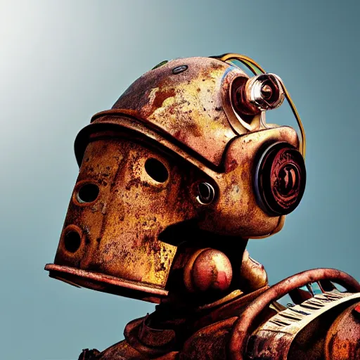 Image similar to a rusty old robot with human eyes, hyper detailed, photorealistic, grunge, rusty, retro futuristic