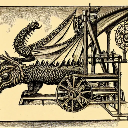 Image similar to a dragon with victorian machine on it's side, book illustration