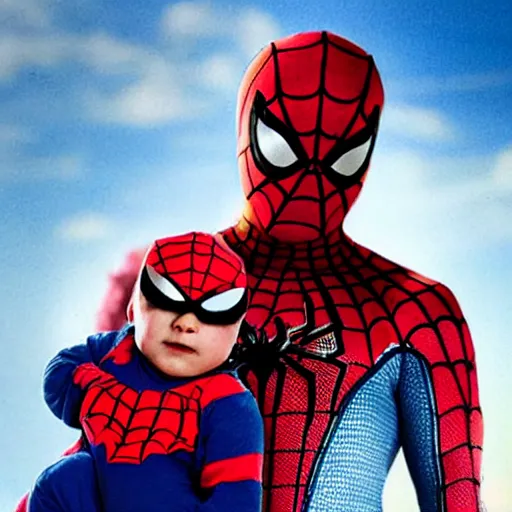 Image similar to realistic photo of spiderman holding baby wearing spiderman costumes, an film still