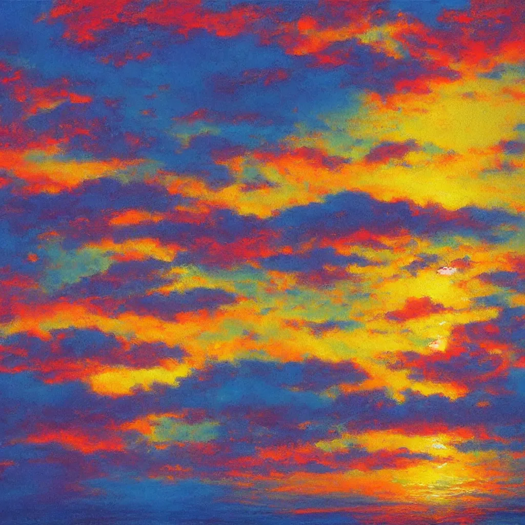 Image similar to an impasto oil painting of a stunning, colorful sunset painted by ken hong leung, pastel colors, complementary colors