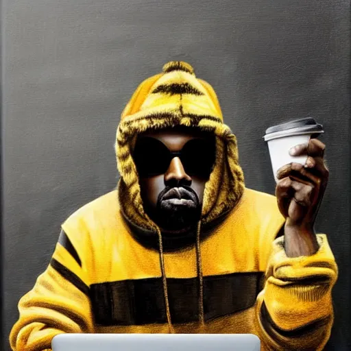 Prompt: kanye west in a bumblebee costume drinks coffee in front of a laptop, highly detailed, masterpiece, renaissance, oil on canvas