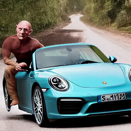 Image similar to gollum driving a porsche