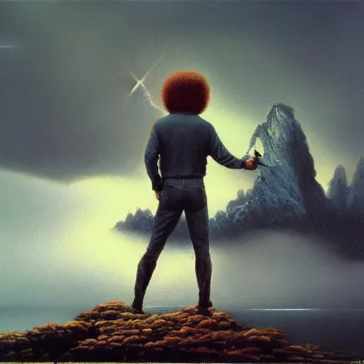 Prompt: bob ross as a superhero, standing on rocky ground, lightning behind, dark background, holding a paintbrush, ultra - detailed, ultra - detailed, intricate, detailed shadows and textures, 8 k, action pose, beksinski