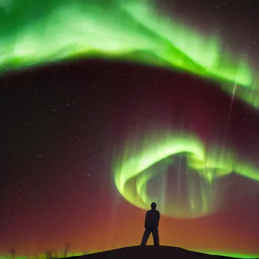 Image similar to Man with stars in his skin, Eyes made of green auroras, standing next to Creator of the universe