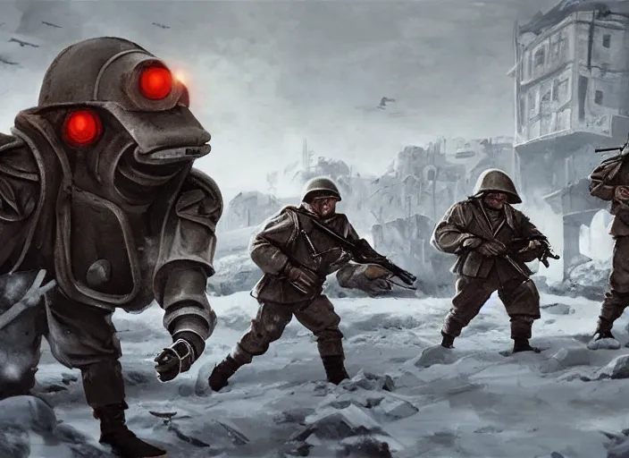 Image similar to still of soviet soldiers fighting against giant nazi monstrous robot in world war two eastern front setting, dieselpunk, winter concept art, artstation, stephen bliss, unreal engine, game screenshot