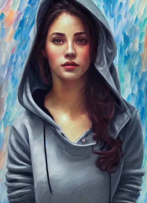 Prompt: jennifer anistan, gray hoodie, jeans, half body shot, path traced, highly detailed, high quality, digital painting, alena aenami, leonid afremov, lilia alvarado, shinji aramaki, karol bak, alphonse mucha, tom bagshaw