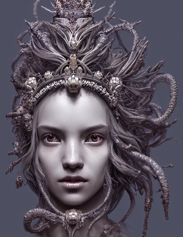 Prompt: symmetrical, centered, zbrush sculpt of goddess close-up portrait wigh crown made of skulls. phoenix betta fish, phoenix, bioluminiscent creature, super intricate ornaments artwork by Tooth Wu and wlop and alena aenami and greg rutkowski