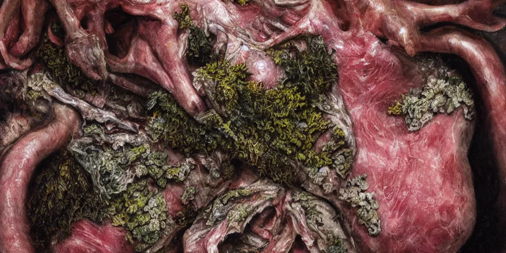 Prompt: details of lichens growing on flesh and skin, skin details, painitng, wrinkles and muscle tissues, meat, oil on canvas, 4k, 8K, photorealistic, soft light, cinematic lighting, sharp, contrasting, non descriptive