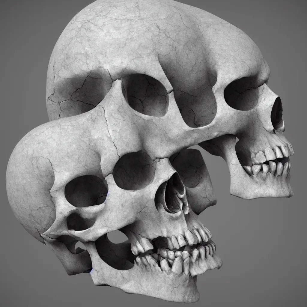 Image similar to octane render of a skull made out of marble, breaking into many pieces