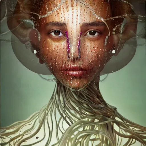 Image similar to a close - up shot of a brown woman wearing a luminous armor made of neon jelly fishes. surrounded by large jelly fishes. soft lighting. fragile. haunting jellyfish eyes!! coherent face!! no makeup!! muted colors. by ray caesar. by louise dahl - wolfe. by andrea kowch. surreal photography