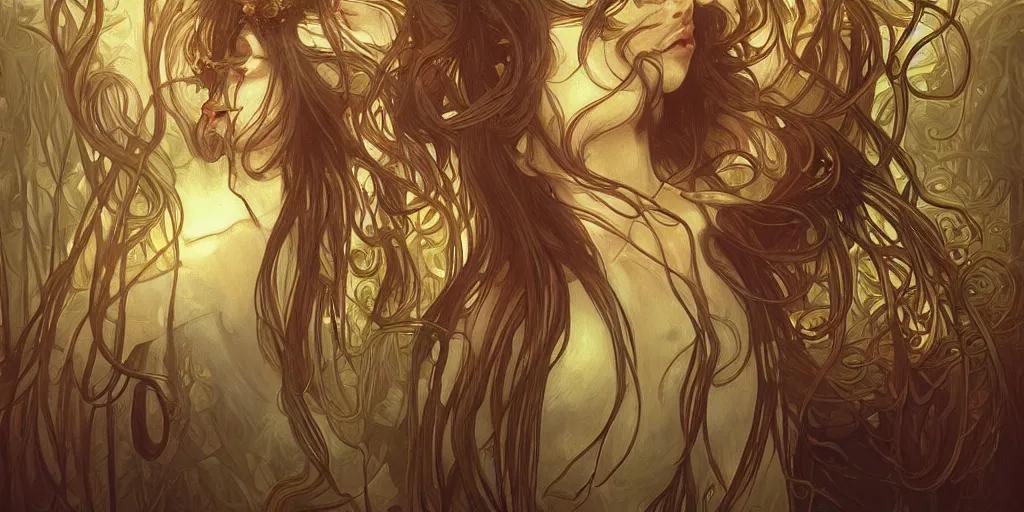 Image similar to scary plant people by artgerm, ominous nightmare, intense lighting, light beams, lens flare, intricate tendrils by alphonse mucha, elegant, highly detailed, digital painting, artstation, concept art, smooth, sharp focus, illustration, art by serpentigena and alphonse mucha