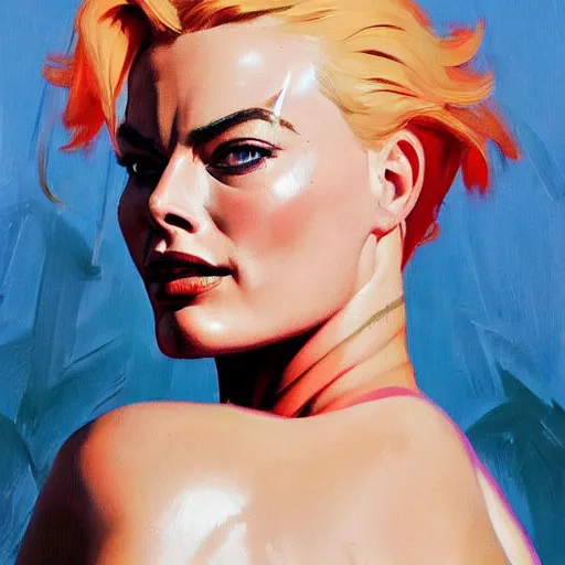 Image similar to greg manchess portrait of margot robbie as zarya from overwatch, epic grimdark, fantasy, medium shot, asymmetrical, profile picture, organic painting, sunny day, matte painting, bold shapes, hard edges, street art, trending on artstation, by huang guangjian and gil elvgren and sachin teng