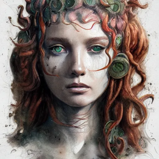 Prompt: full body sketch of a beautiful young medusa, perfect anatomy, full body, watercolor background, pencil art, ink and pencil, hyperrealistic, hyperdetailled, digital art, greg rutkowski, artstation, 8 k, beautiful drawing, paper texture, spray paint, watercolors